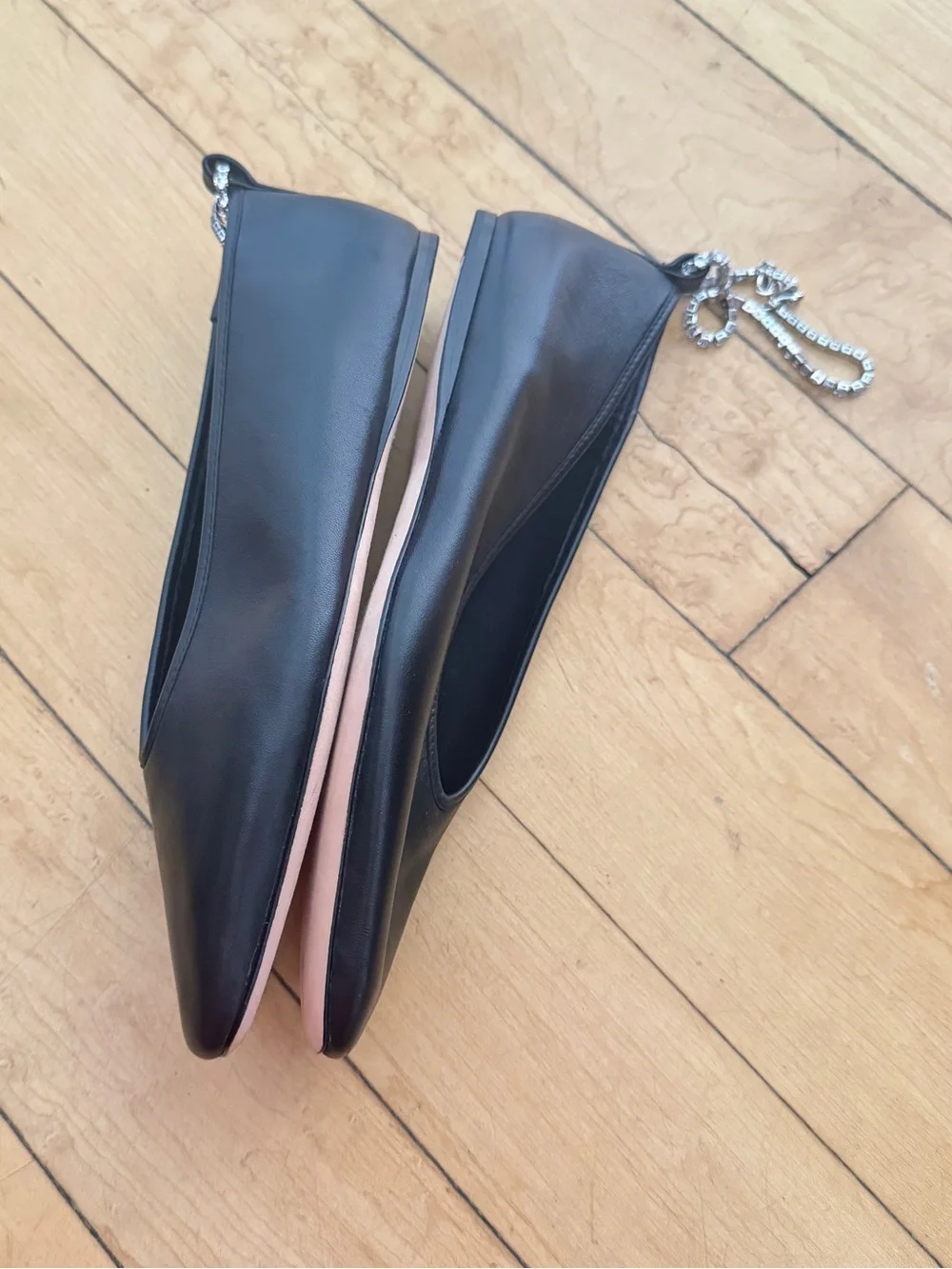 Loeffler Randall black leather ballet flats with crystal chain size 7